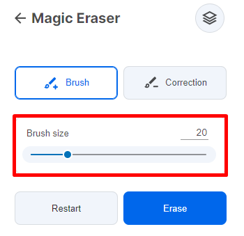 Панель Magic Eraser с Brush size, Restart и Erase