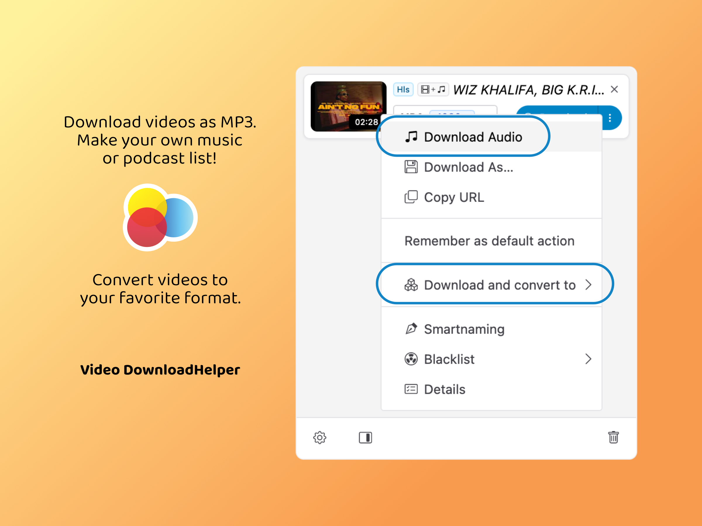 Современное меню действий Video DownloadHelper