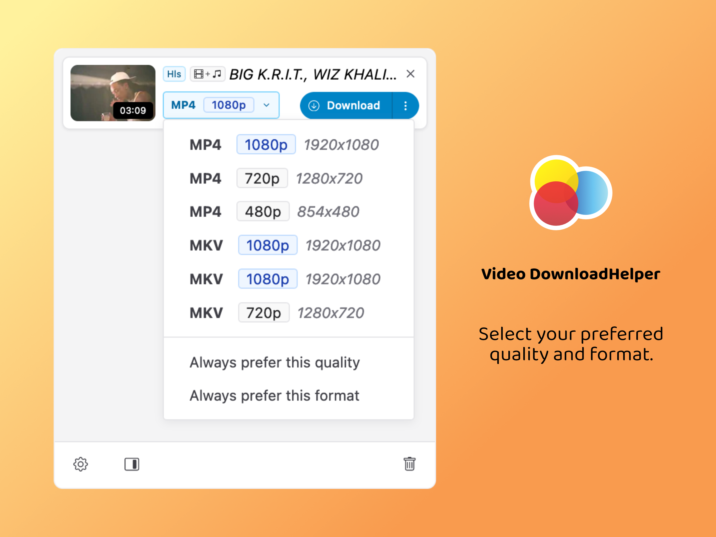 Выбор качества и формата в Video DownloadHelper