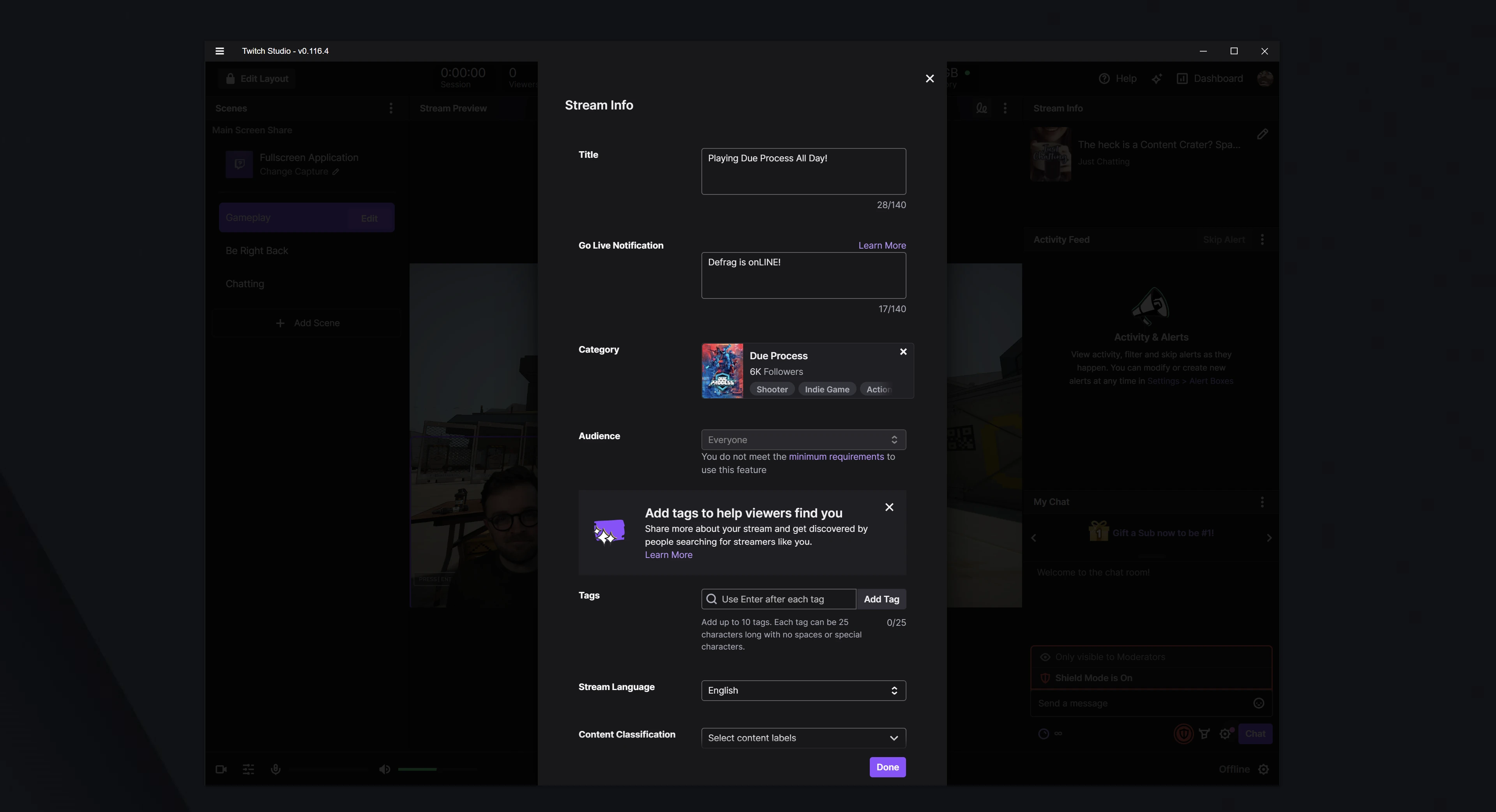 Окно Stream Info в Twitch Studio