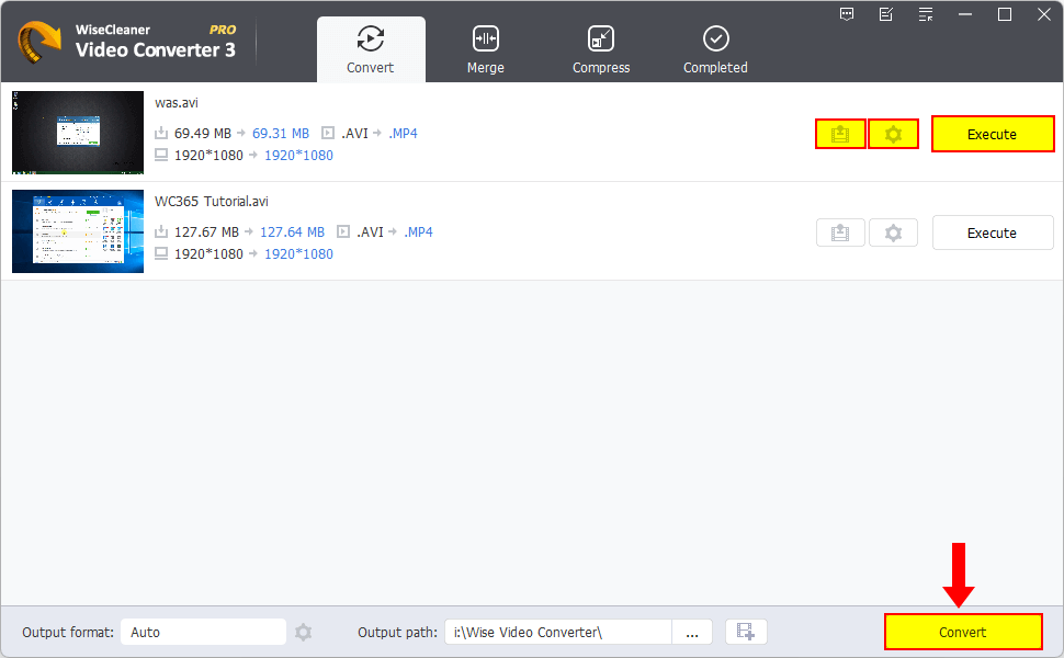 Режим Convert со списком файлов, кнопками Execute и общей кнопкой Convert