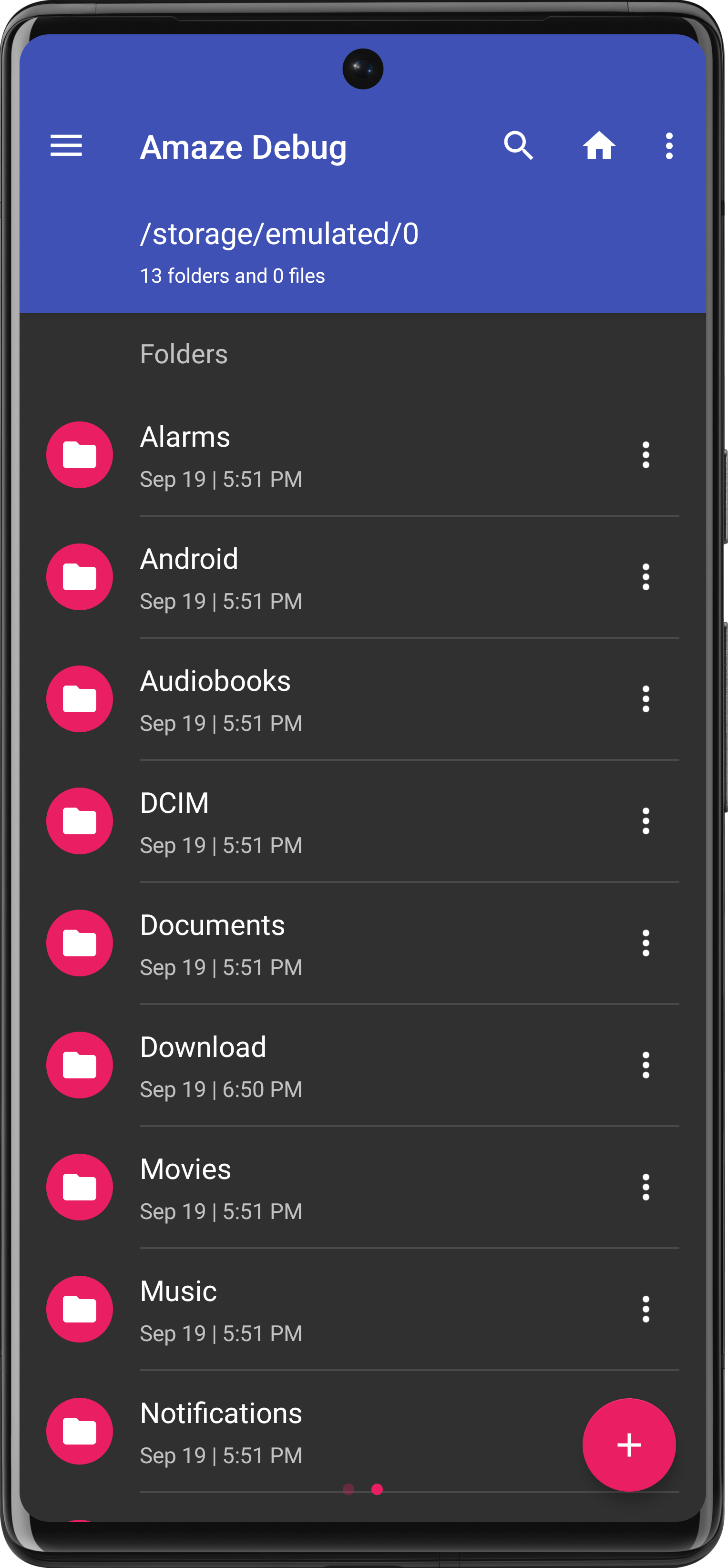 Темная тема Amaze File Manager со списком папок