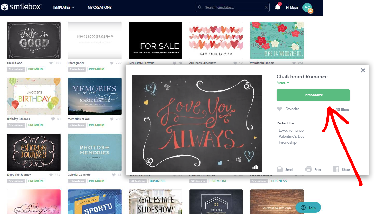 Экран выбора шаблона в Smilebox