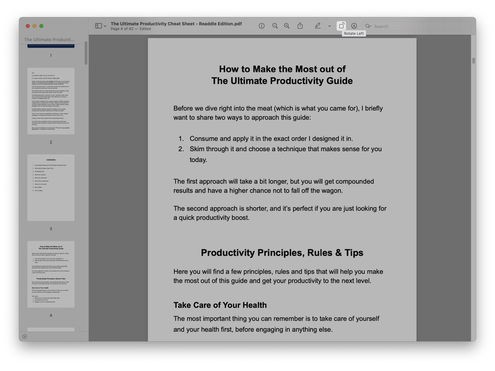 Поворот страницы PDF в приложении Просмотр на macOS