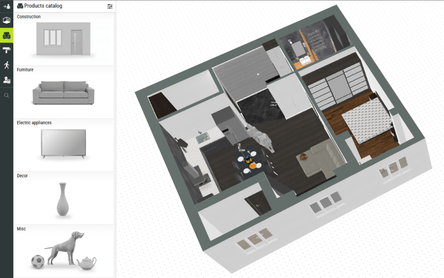 Каталог объектов Roomtodo и сцена квартиры в 3D