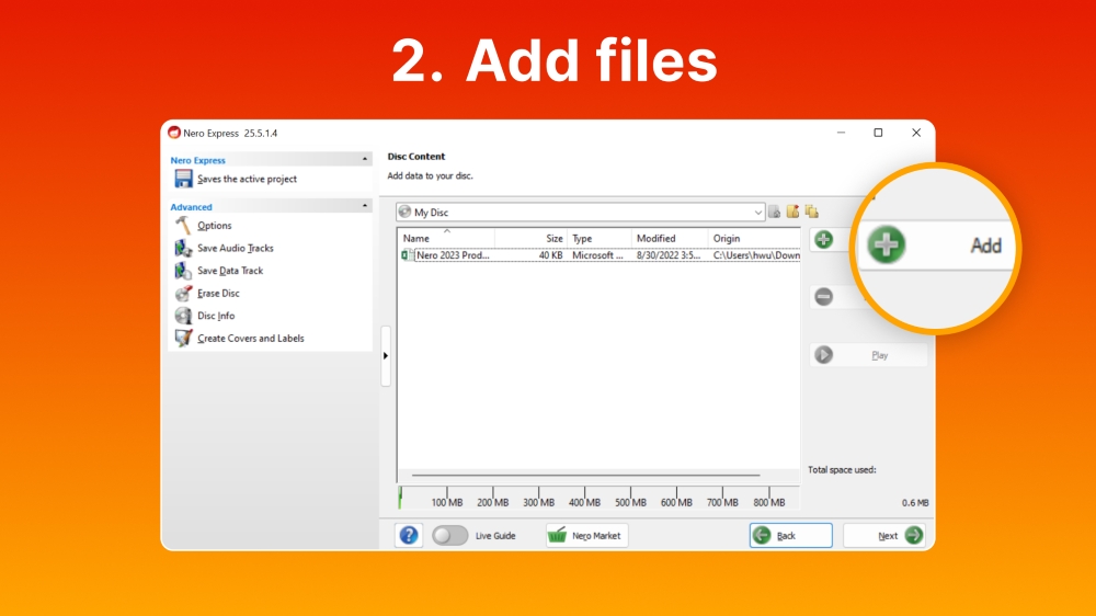 Добавление файлов в проект Nero Burning ROM
