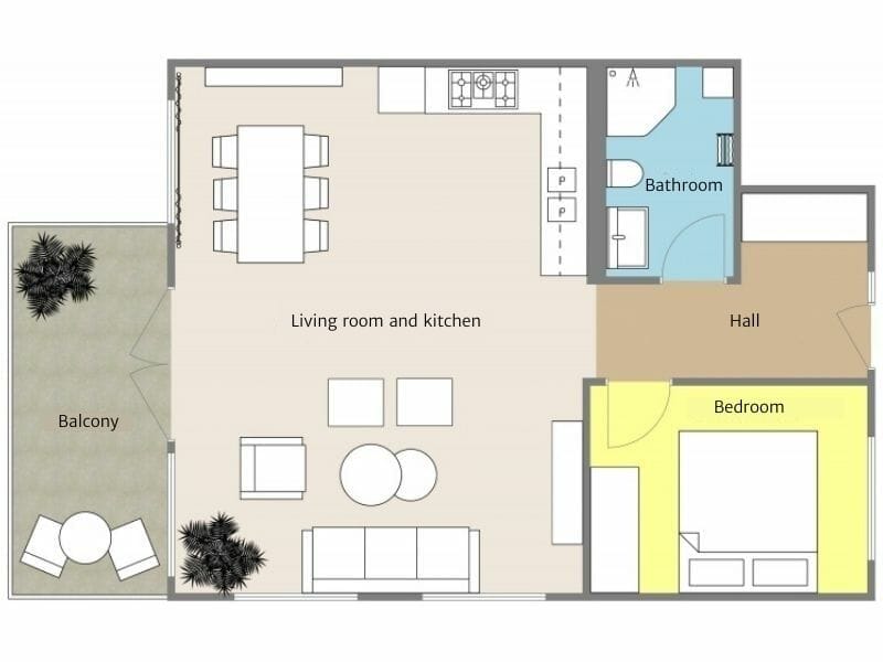 2D Floor Plan в RoomSketcher с цветами комнат, мебелью, дверями и подписями помещений