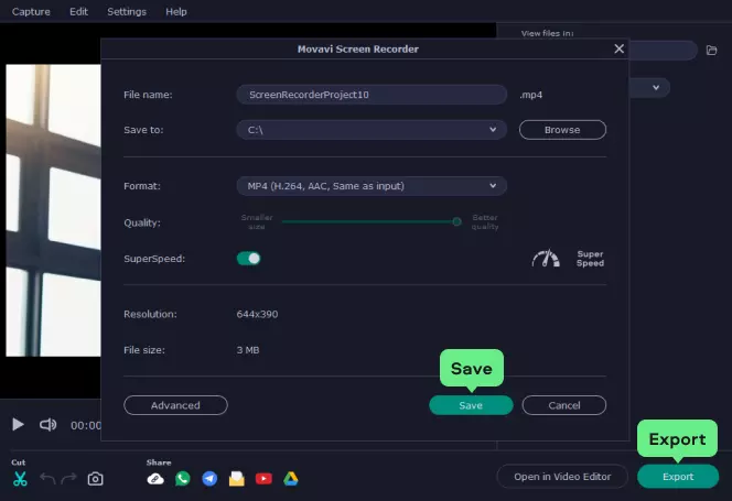 Окно Export в Movavi Screen Recorder