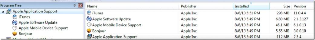 Program Tree в Mirekusoft Install Monitor показывает связанные компоненты, установленные вместе с iTunes
