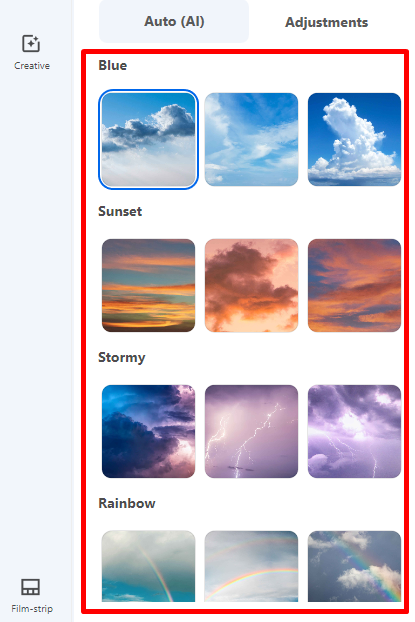 Категории неба Blue, Sunset, Stormy и Rainbow в Replace Sky