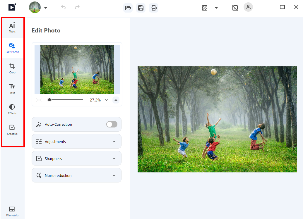 Рабочая область InPixio Photo Studio с боковой панелью модулей