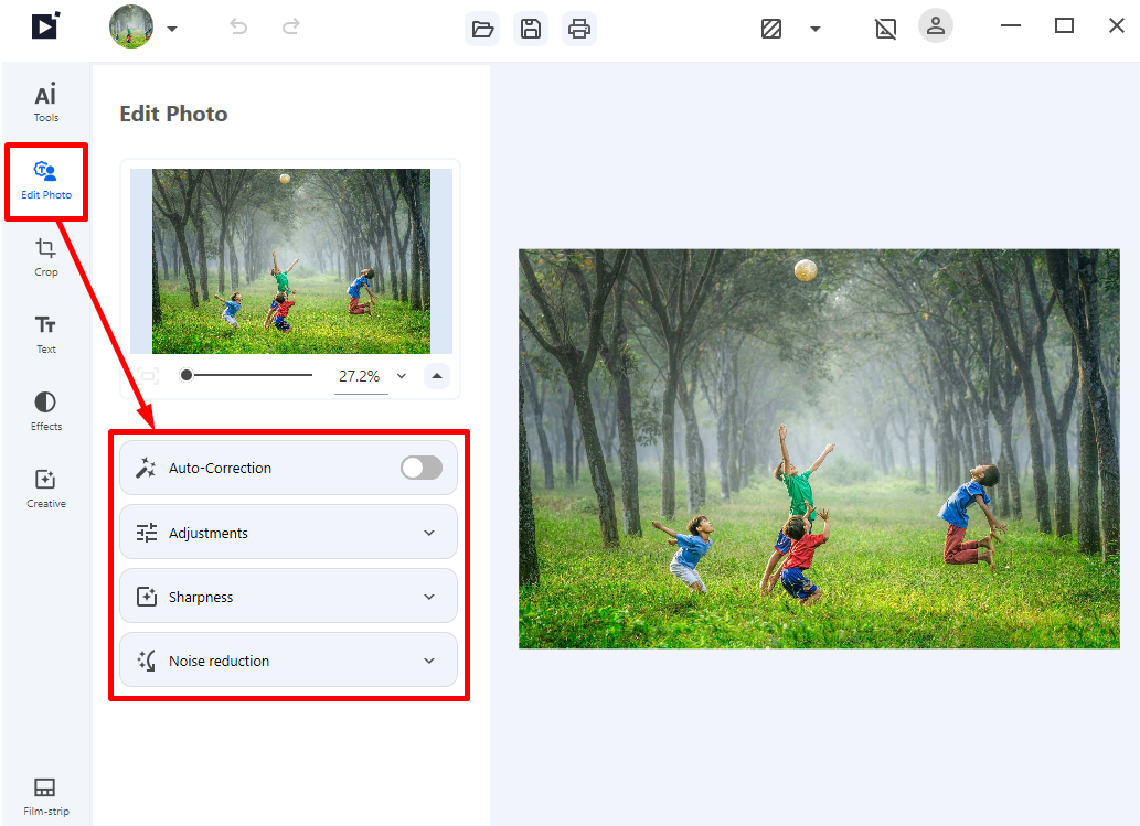 Панель Edit Photo с Auto-Correction, Adjustments, Sharpness и Noise reduction