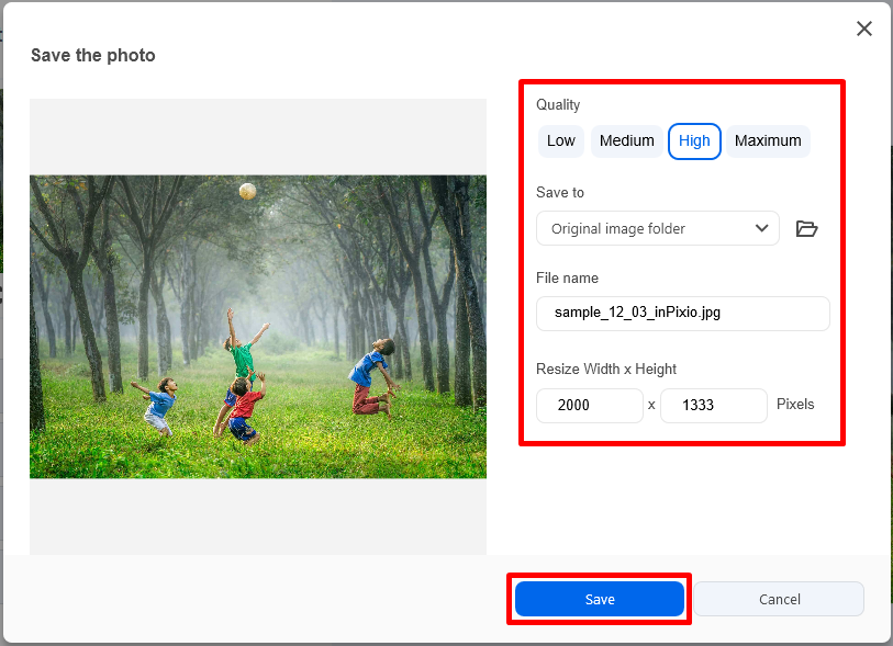 Окно Save the photo с выбором качества, папки, имени файла и размера