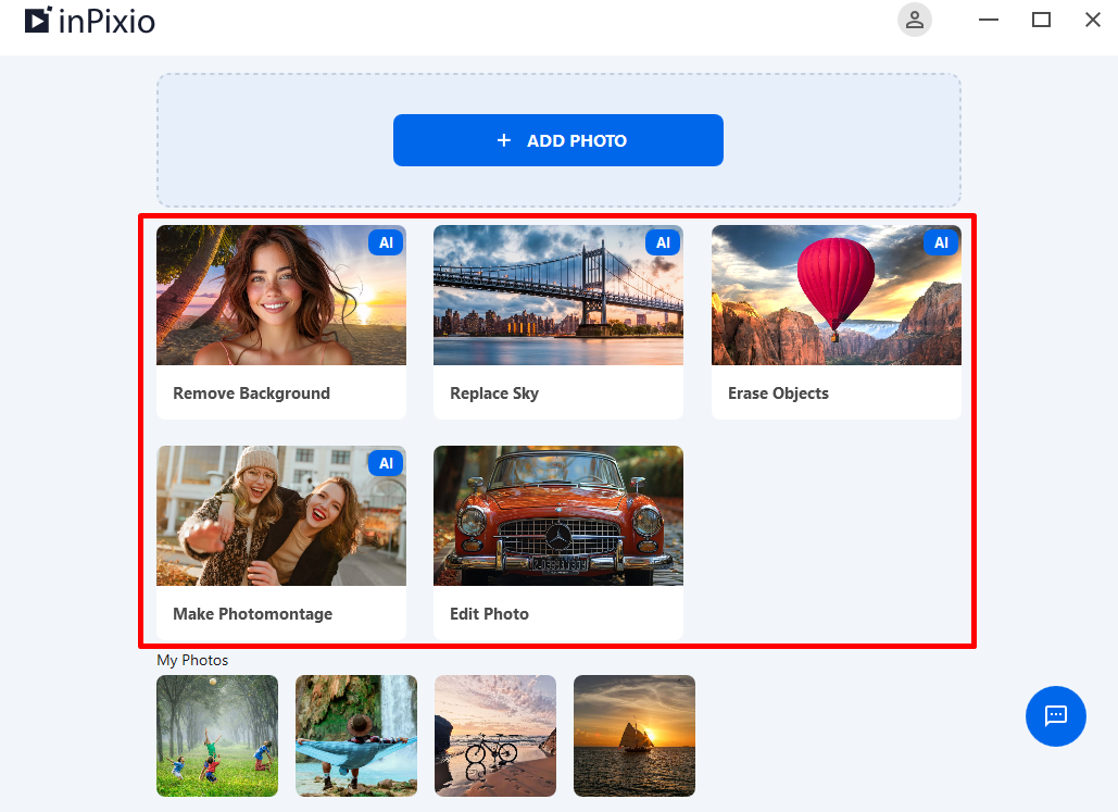 Стартовый экран InPixio Photo Studio с основными режимами обработки