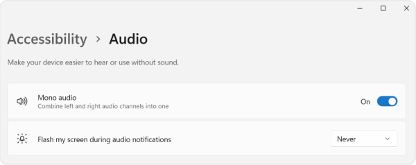Переключатель Mono audio в настройках Windows 11