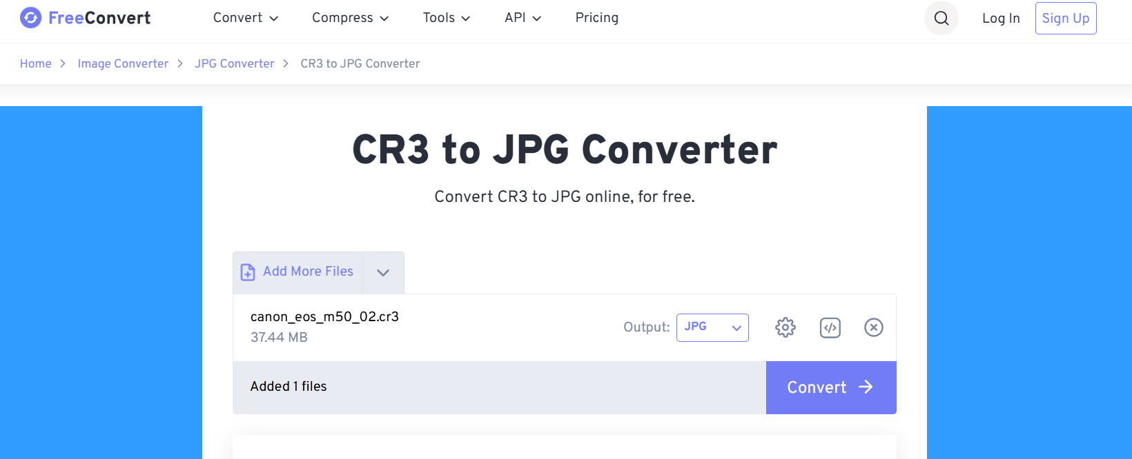 FreeConvert — загрузка CR3 для конвертации