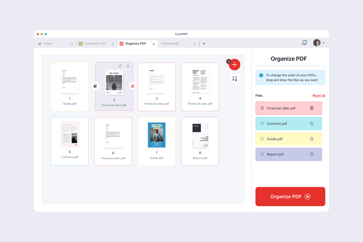 Инструмент Organize PDF в iLovePDF