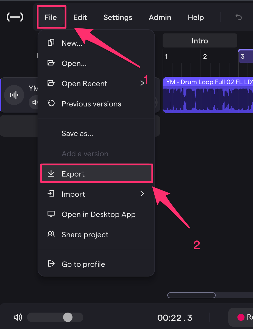 Меню экспорта Soundtrap