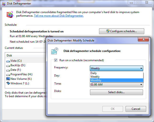 Окно дефрагментации диска в Windows 7