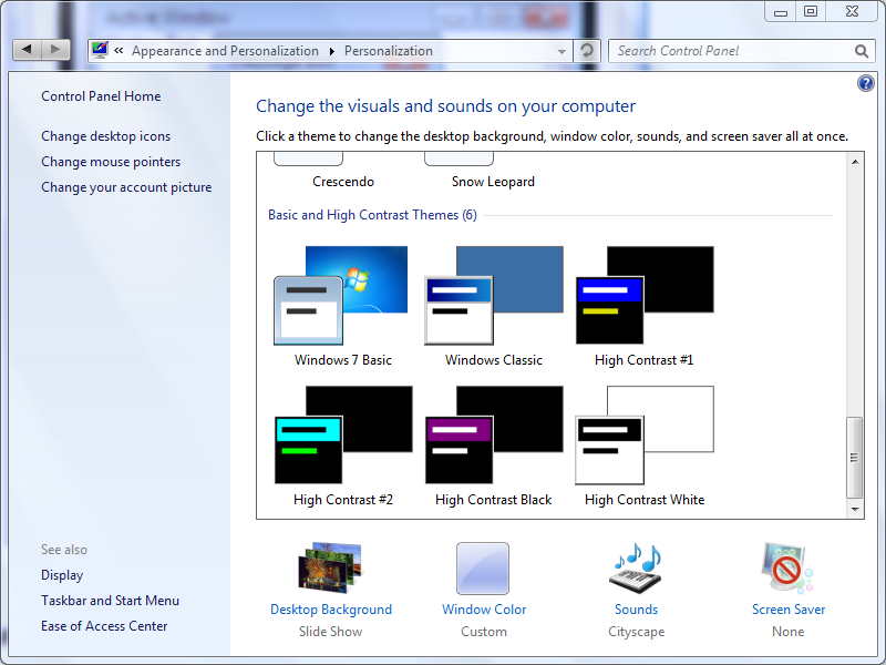 Окно Персонализация в Windows 7