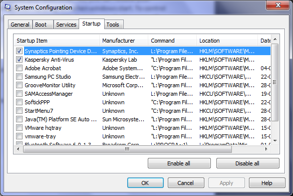 Вкладка Автозагрузка в msconfig