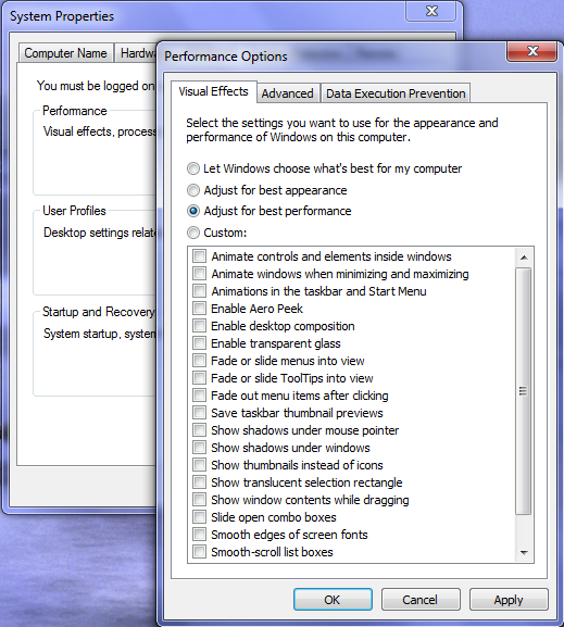 Параметры быстродействия — вкладка Визуальные эффекты