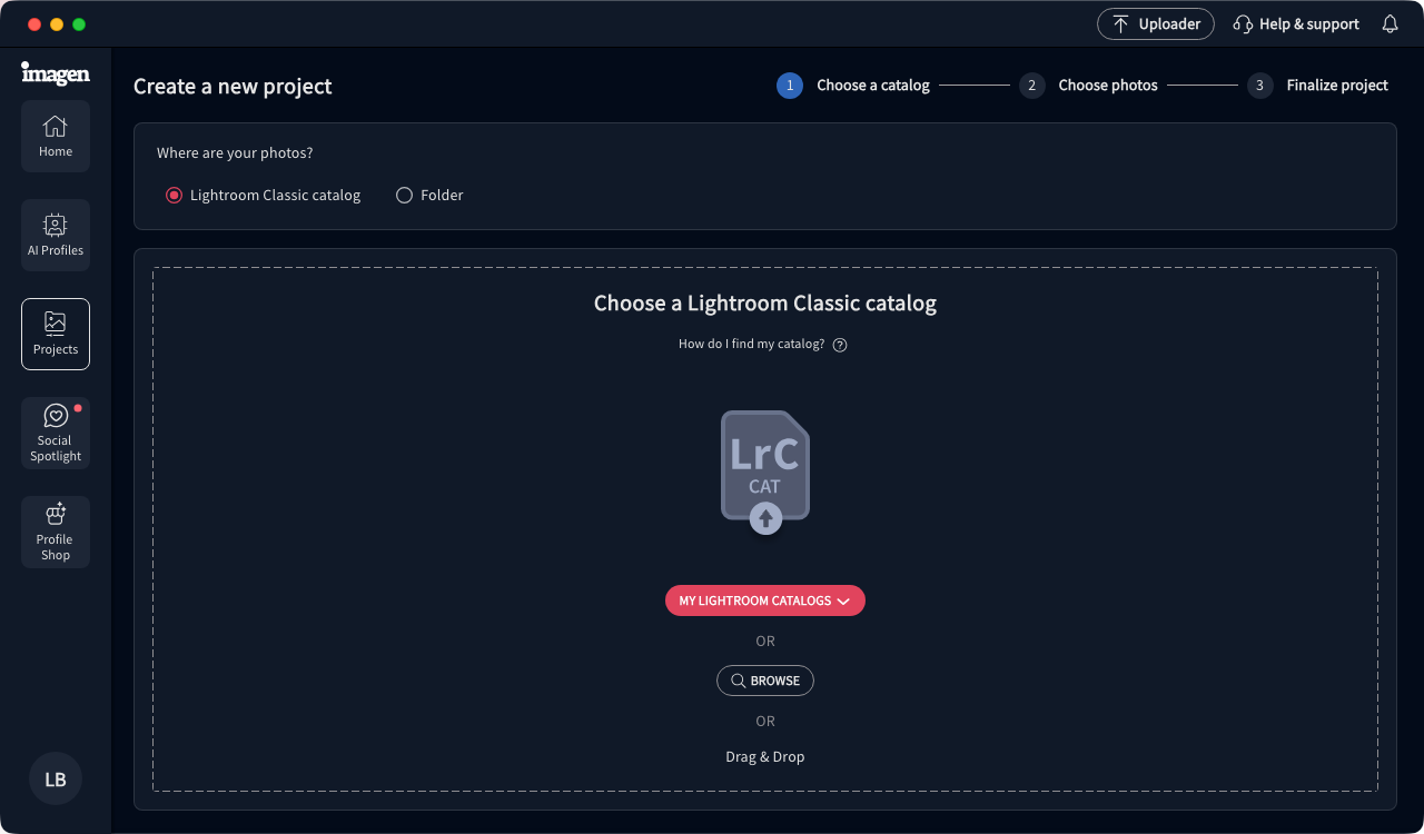 Imagen AI — выбор каталога Lightroom Classic при создании проекта