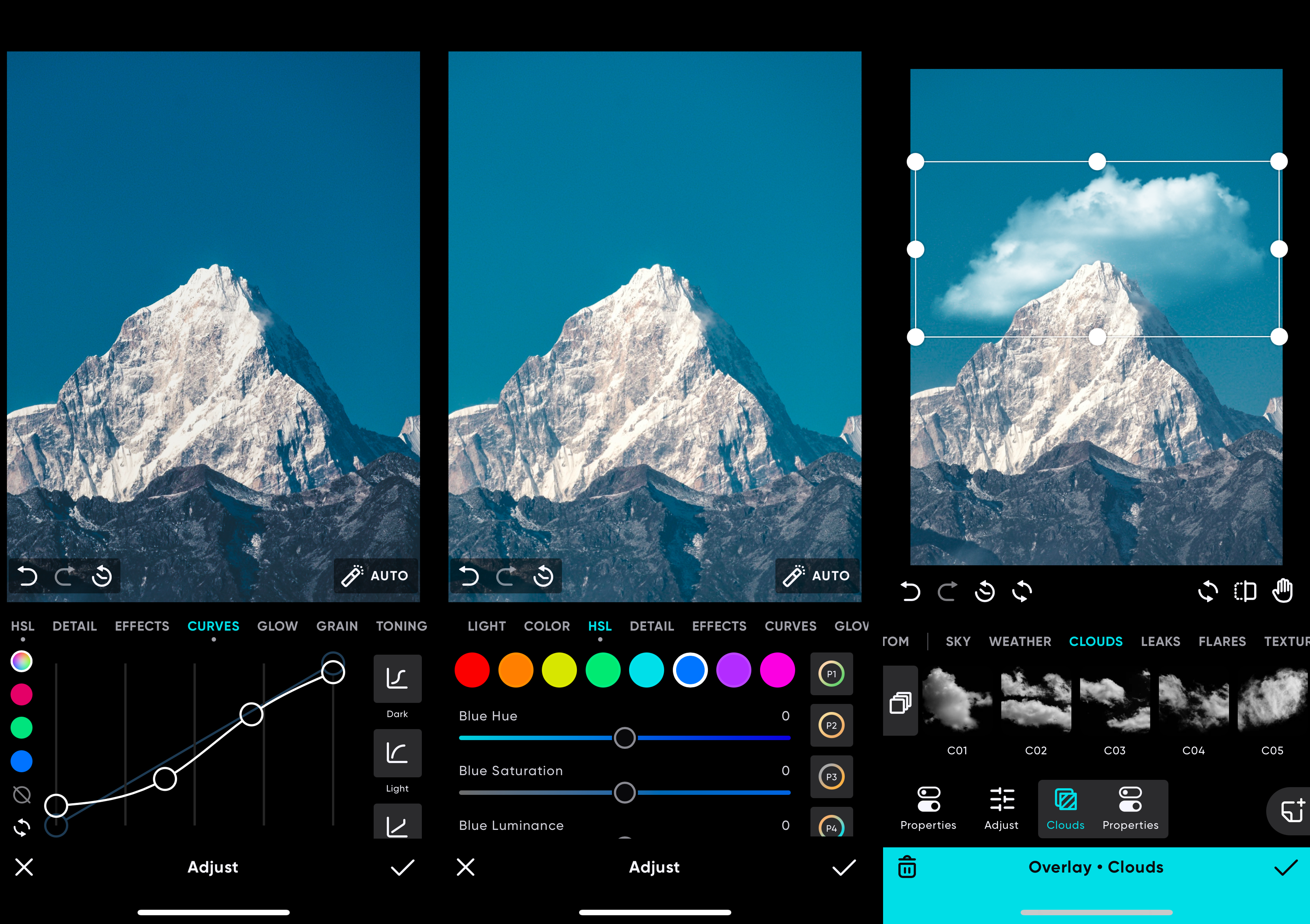 AI Color Match, Curves, HSL и Overlays в интерфейсе Polarr