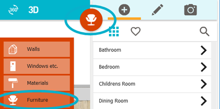 Режим Furniture в RoomSketcher App с категориями мебели и элементов справа