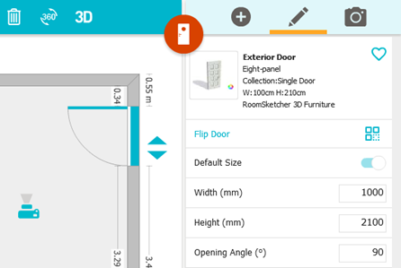 Параметры двери в RoomSketcher: Flip Door, Width, Height, Opening Angle
