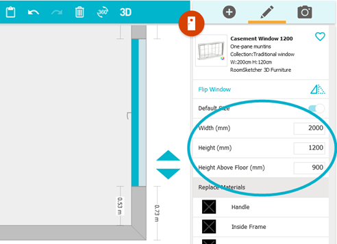 Параметры окна в RoomSketcher: Width, Height, Height Above Floor