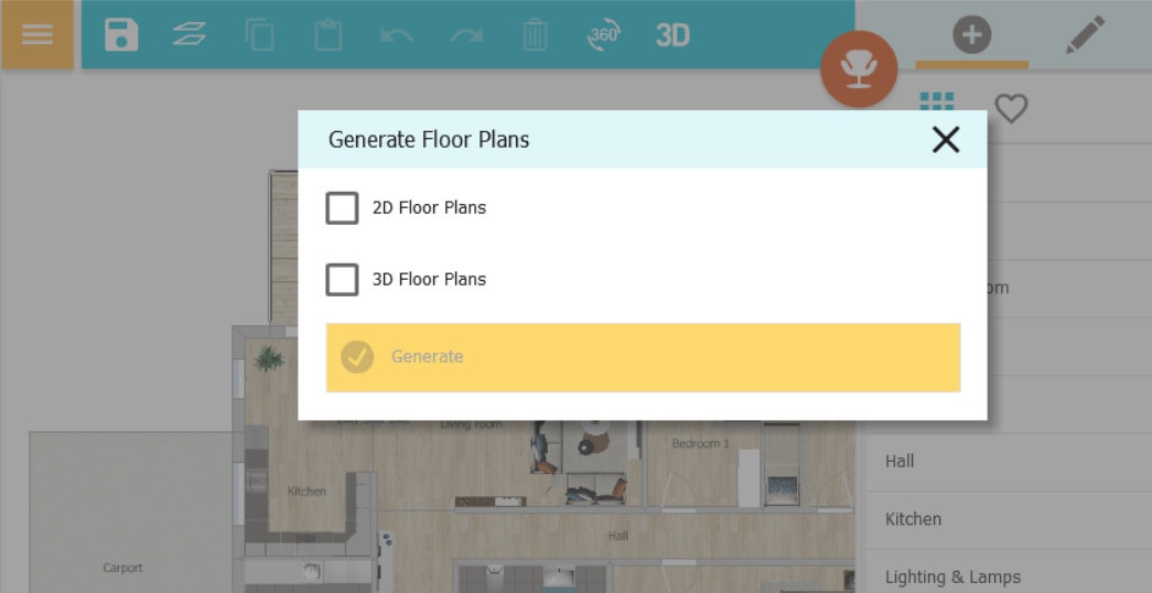 Окно Generate Floor Plans в RoomSketcher App с выбором 2D Floor Plans и 3D Floor Plans