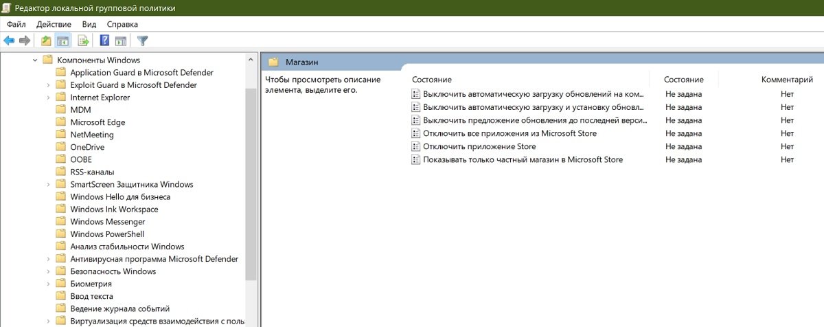 Раздел Магазин в локальной групповой политике