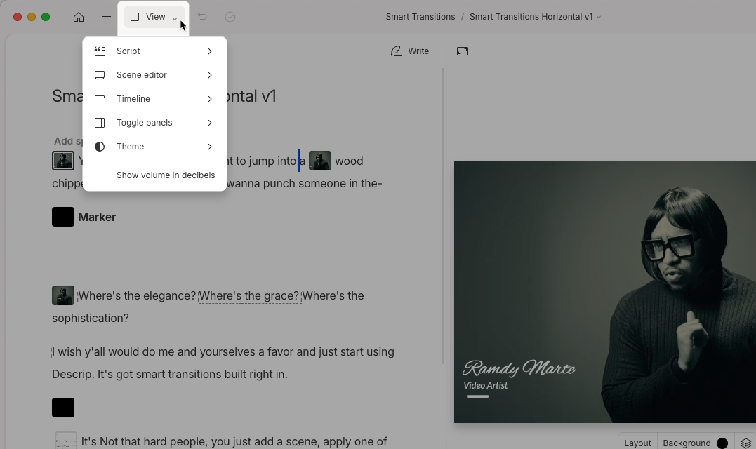 Интерфейс Descript с View menu, Script editor, Scene editor и правой боковой панелью