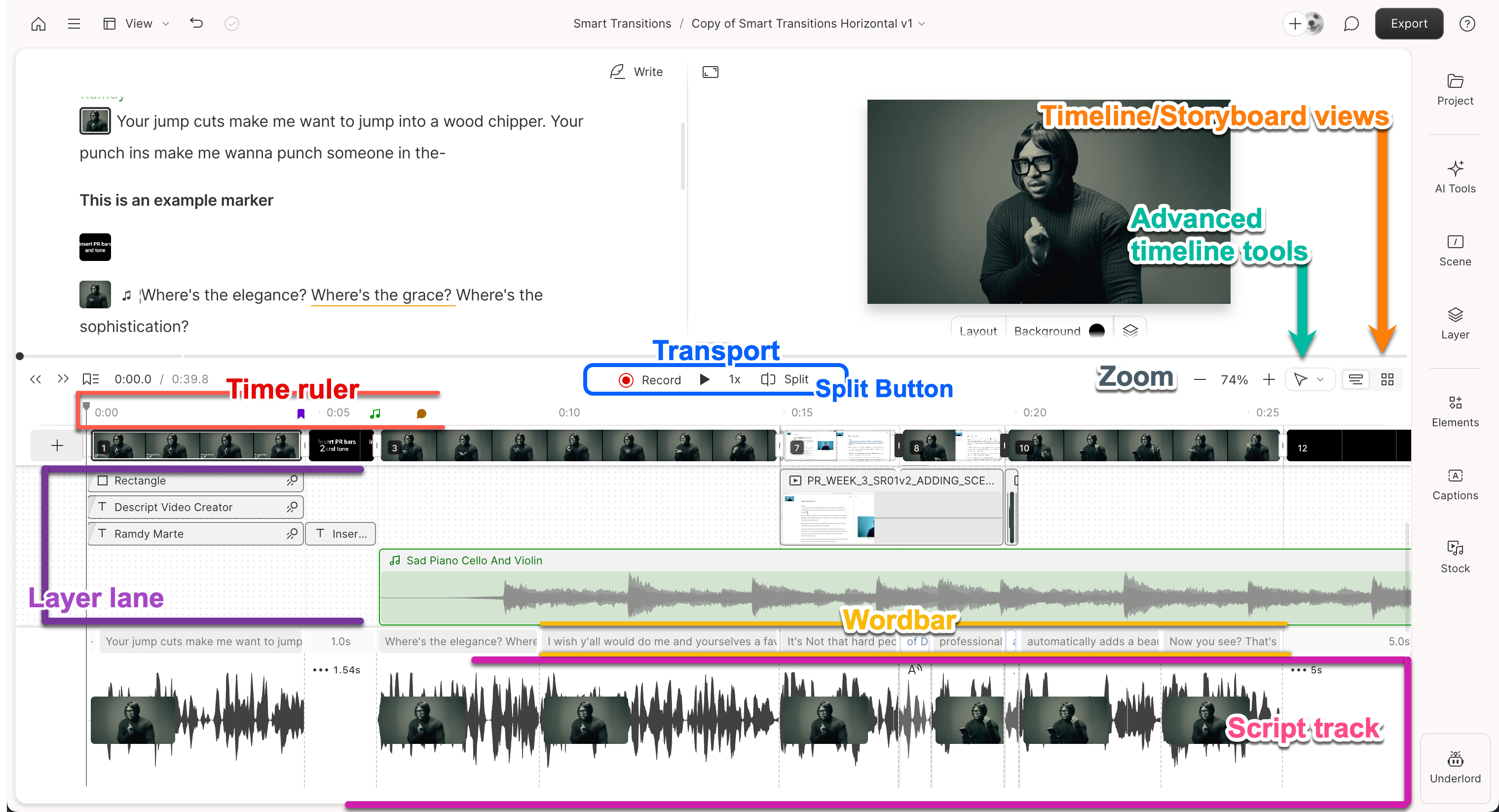 Расширенная Timeline в Descript с дорожками, waveform, script track, wordbar и layer lanes