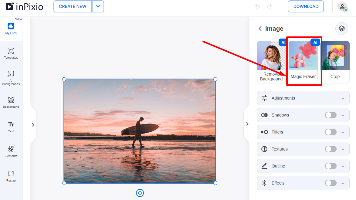 Magic Eraser на правой панели InPixio Online Photo Editor