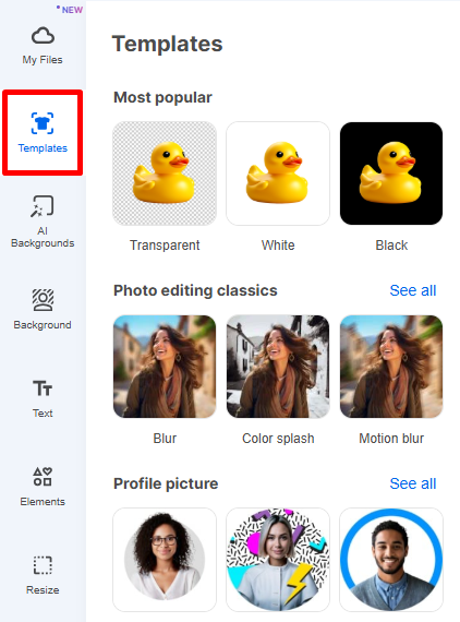 Раздел Templates в InPixio Online Photo Editor