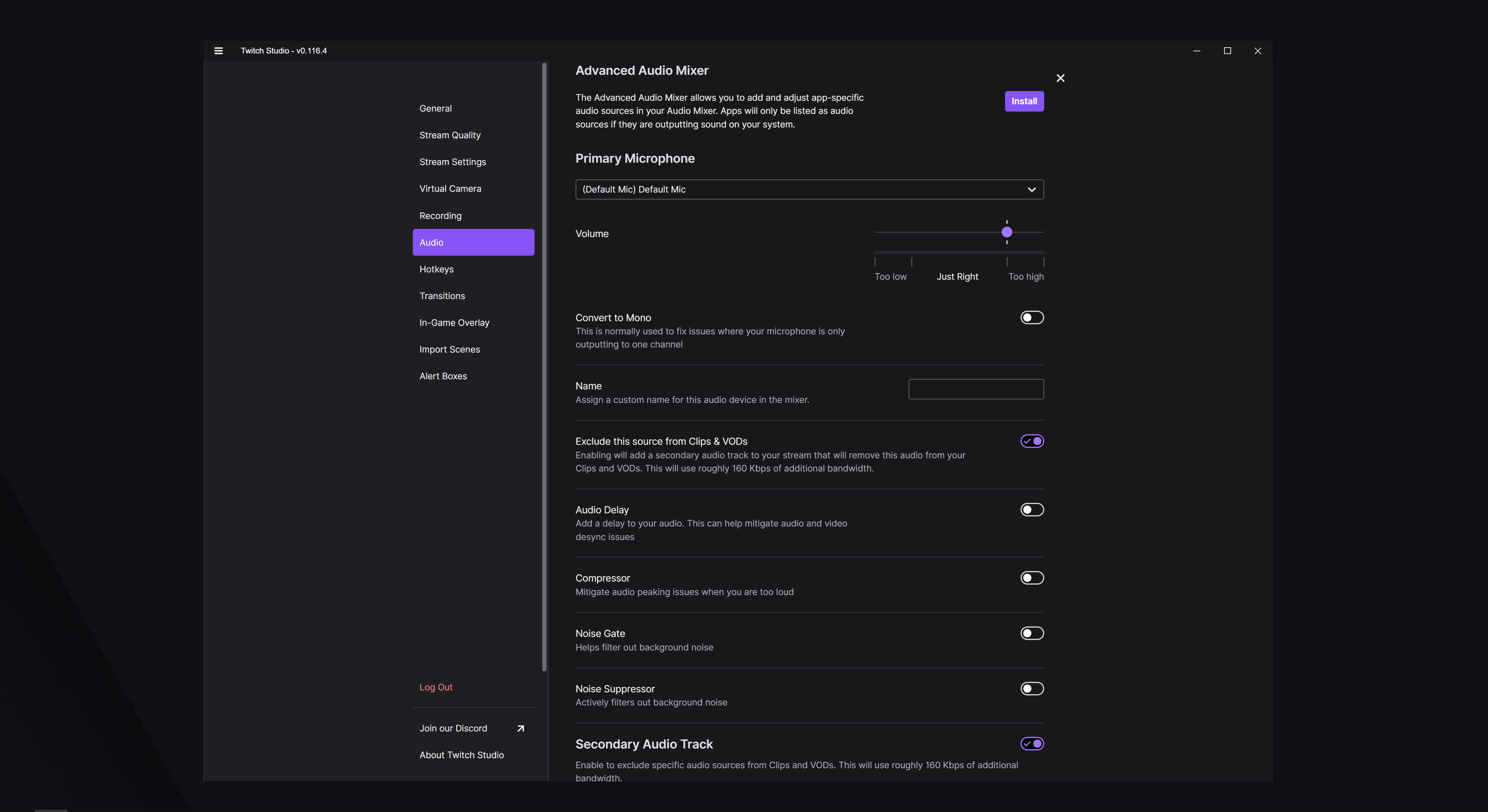 Advanced Audio Mixer в Twitch Studio