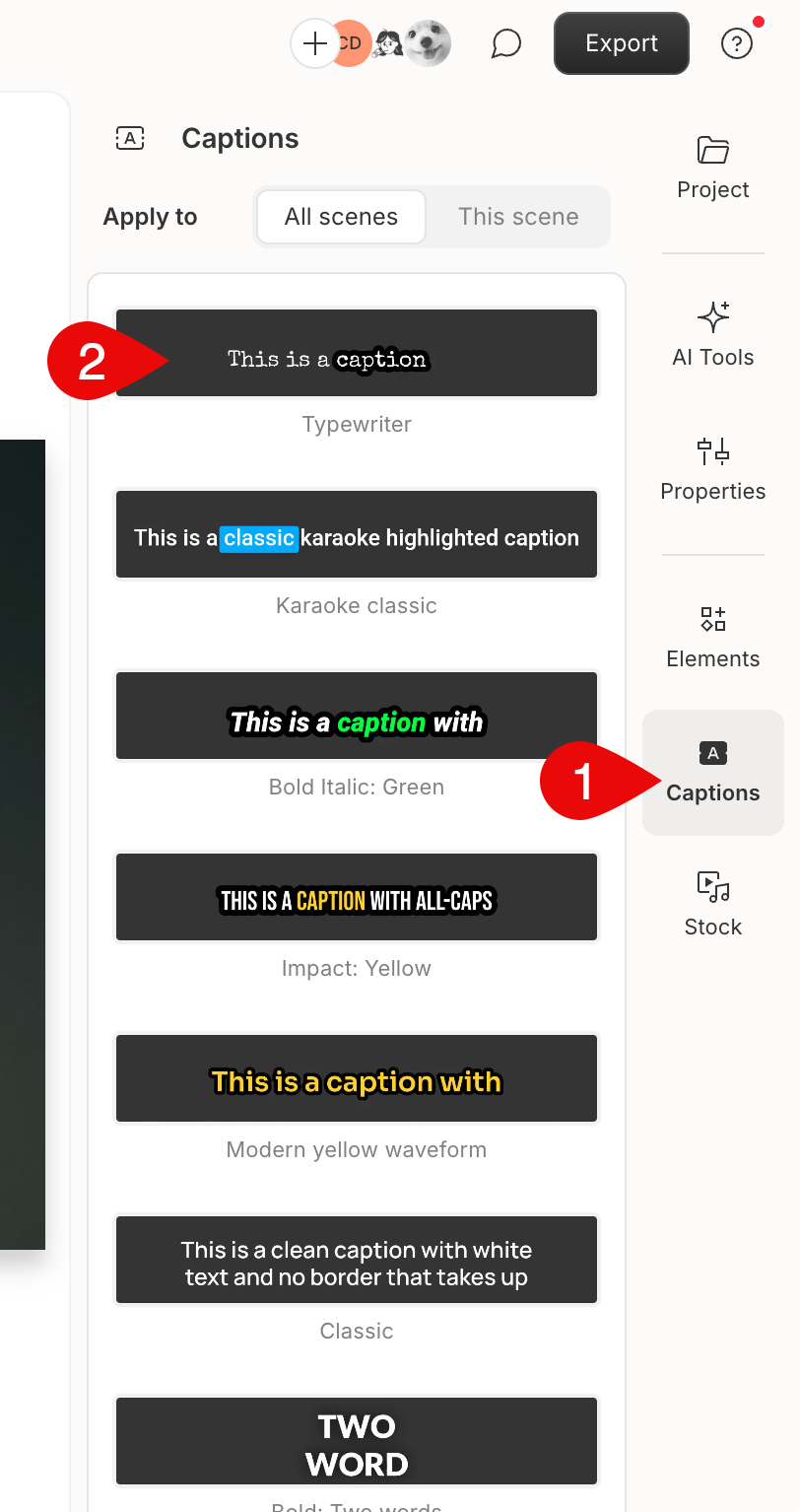 Панель Captions в Descript со стилями Typewriter, Karaoke classic, Impact Yellow и другими preset-вариантами