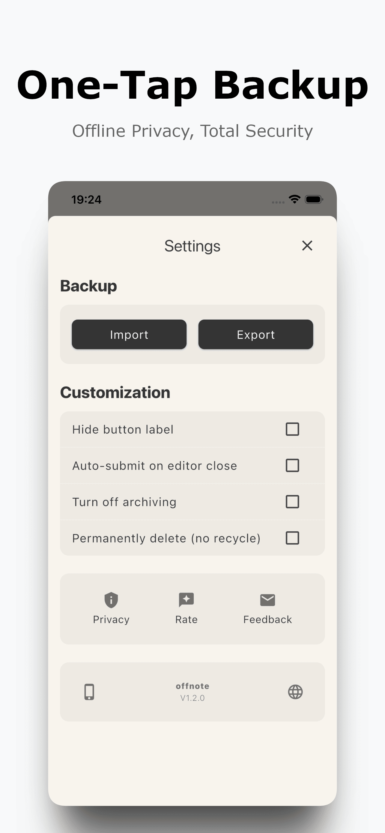 Экран Settings в Offnote с блоками Backup и Customization