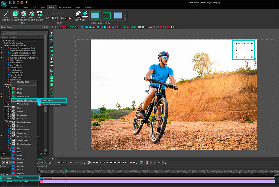 VSDC Telea inpaint: замена области фоном