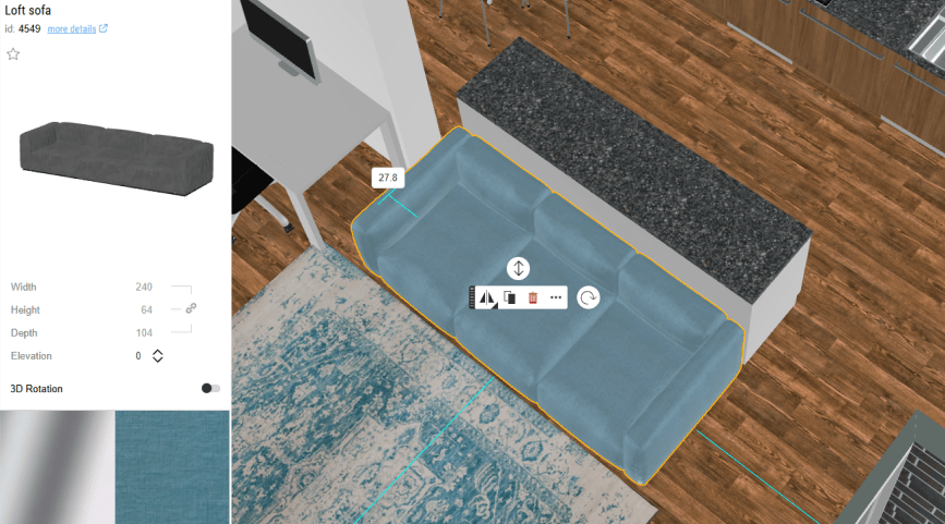Настройка параметров мебели в Roomtodo: Width, Height, Depth, Elevation, 3D Rotation