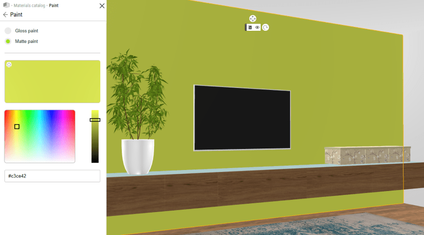 Настройка цвета стены в Roomtodo через Materials catalog > Paint