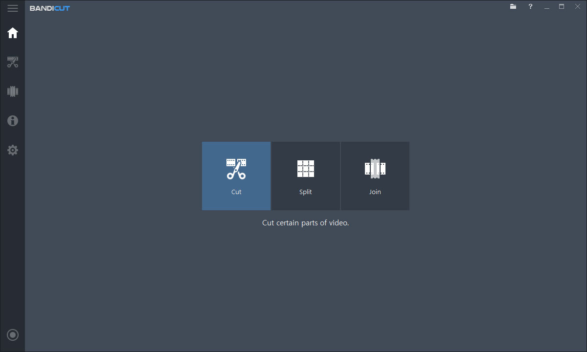 Стартовое окно Bandicut с выбором режимов Cut / Split / Join