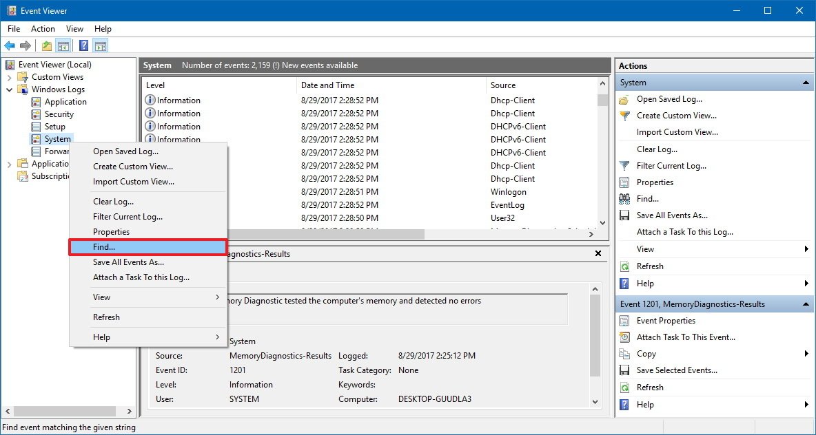 Поиск результата в Просмотре событий