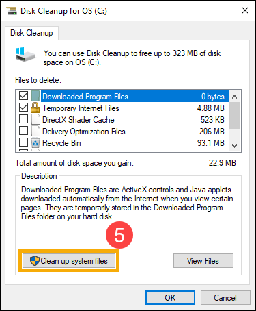 Кнопка Очистить системные файлы в Очистке диска