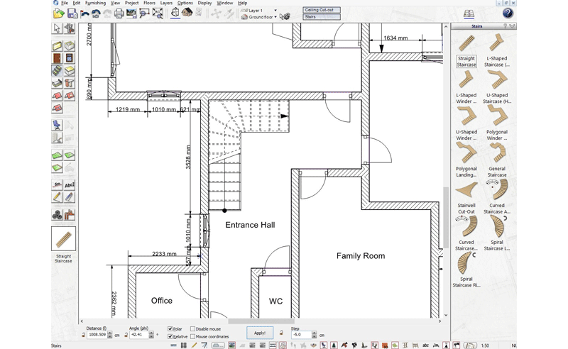 Интерфейс 3D Architect Home Designer Expert с 2D-планом, стенами, размерами и библиотекой лестниц