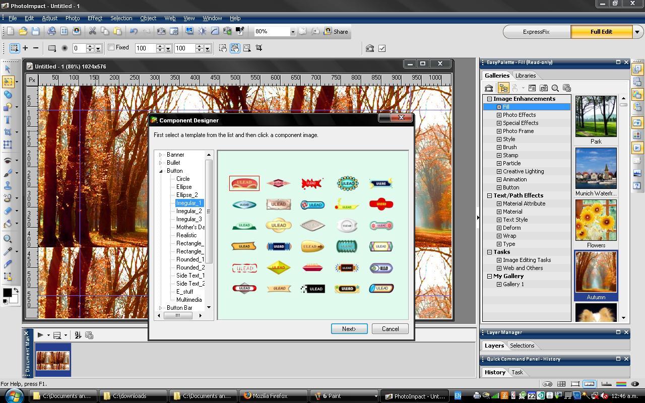 Component Designer в Ulead PhotoImpact X3 с шаблонами кнопок