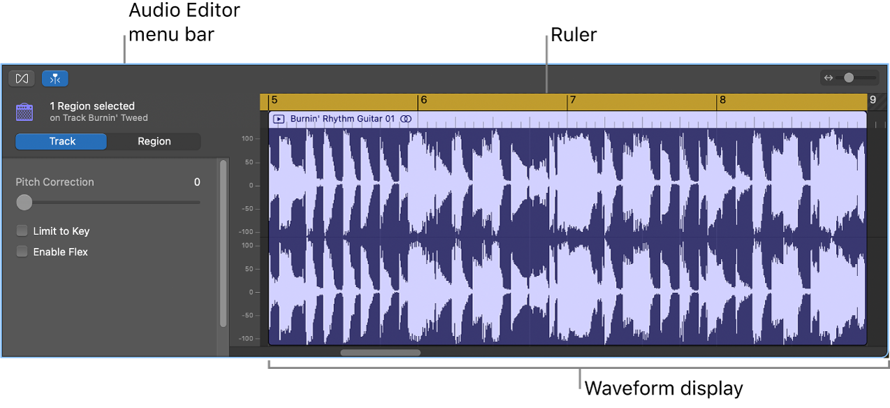 Редактор аудиорегиона в GarageBand для Mac