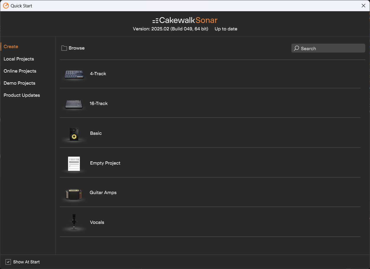 Стартовый экран Quick Start в Cakewalk Sonar